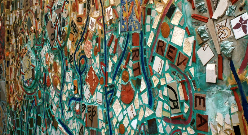 Since the 60's Philadelphia artist and '95 Pew Fellow Isaiah Zagar has been covering the buildings and sidestreets of South Street, Philadelphia, with tiles, bottles, bike tire rims, anything really. More on Zagar and his work, <a href="http://www.isaiahzagar.org/">his personal site</a> and <a href="http://www.pewarts.org/95/Zagar/">his Pew Fellow page</a>.