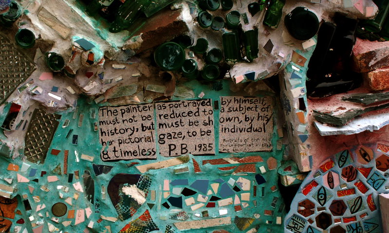 Since the 60's Philadelphia artist and '95 Pew Fellow Isaiah Zagar has been covering the buildings and sidestreets of South Street, Philadelphia, with tiles, bottles, bike tire rims, anything really. More on Zagar and his work, <a href="http://www.isaiahzagar.org/">his personal site</a> and <a href="http://www.pewarts.org/95/Zagar/">his Pew Fellow page</a>.