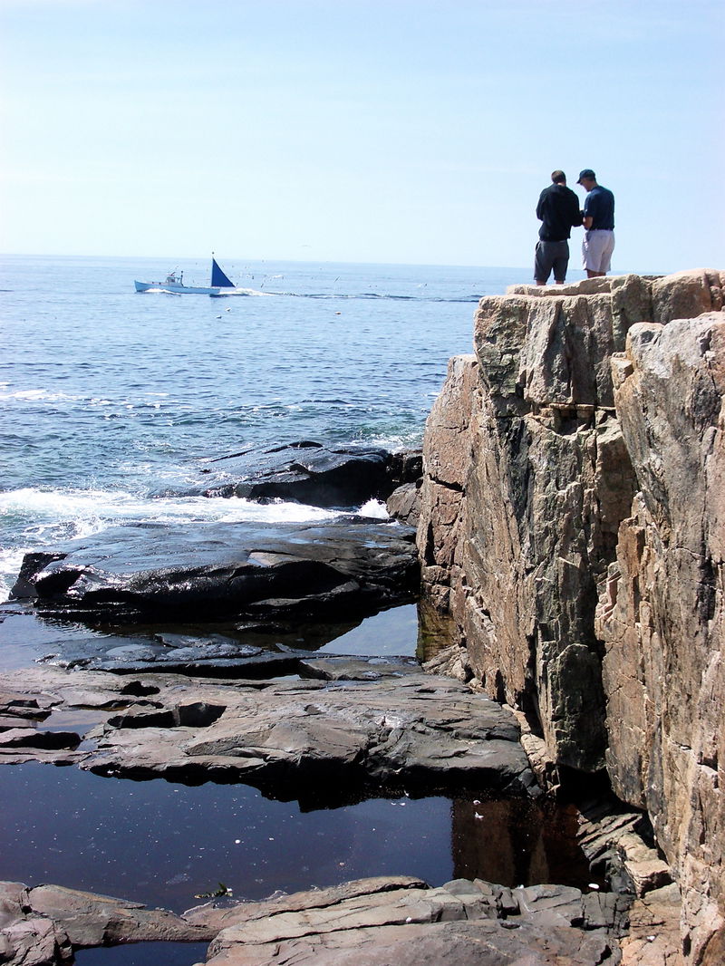 Dad and Greg watching the tide go out at Schoodic Point. Schoodic Point, Acadia National Park, Maine.
