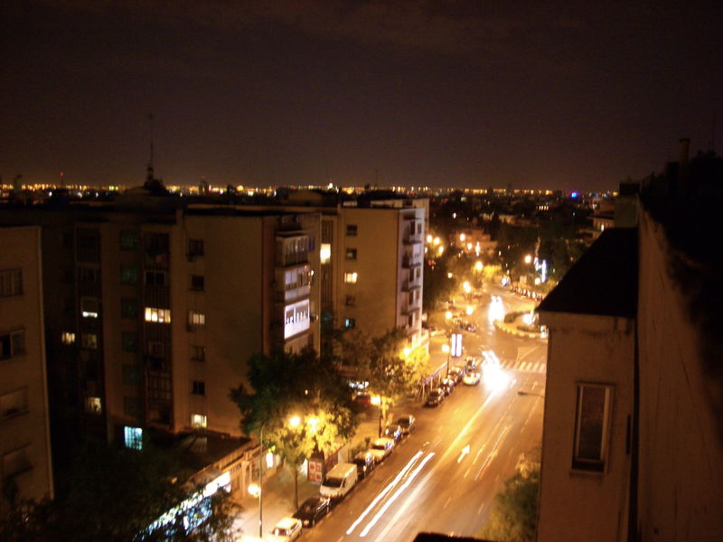 A picture of west madrid at night from above the metro stop Colombia.