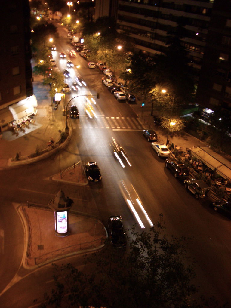 A picture of west madrid at night from above the metro stop Colombia.