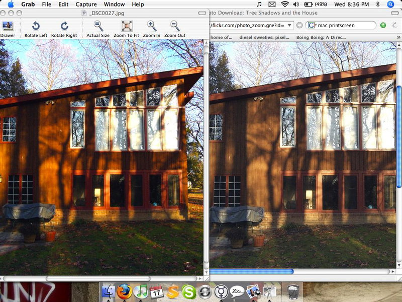 This is what flickr does to my photos :(. On the left is the original image in OSX's Preview, and the other is the image as seen on flickr in Firefox. This particular image was made with Grab, the OSX utility, which saves the files as TIFFs, and which seem to be unaffected by flickr's uploading process. In my experiance both RAW and JPG files are affected by the uploading process. I'm too lazy to re-save my files in TIFF, so oh well, I'll have to wait to get the results I want.