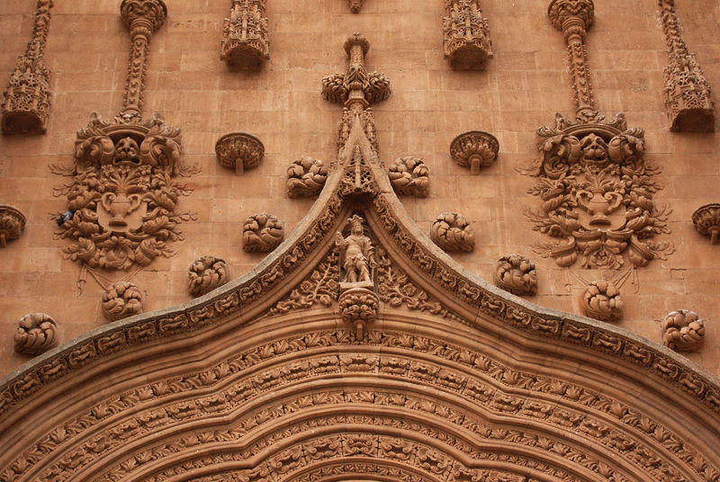 The Cathedral at Salamanca. The whole building is actually built off-center, with adornments to the structure being a full foot or so off at the top left. This is about as symetrical as I could get this shot.